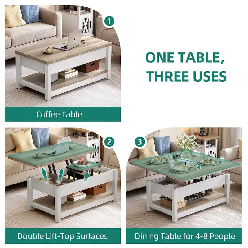 Table basse relevable Moasis avec plateau extensible, rangement dissimulé et étagères