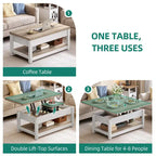 Table basse relevable Moasis avec plateau extensible, rangement dissimulé et étagères