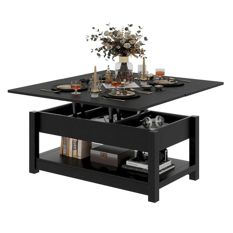 Table basse relevable Moasis avec plateau extensible, rangement dissimulé et étagères
