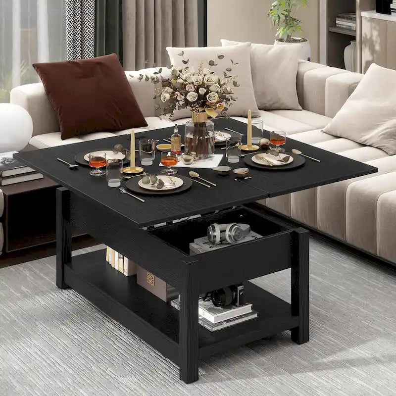 Table basse relevable Moasis avec plateau extensible, rangement dissimulé et étagères