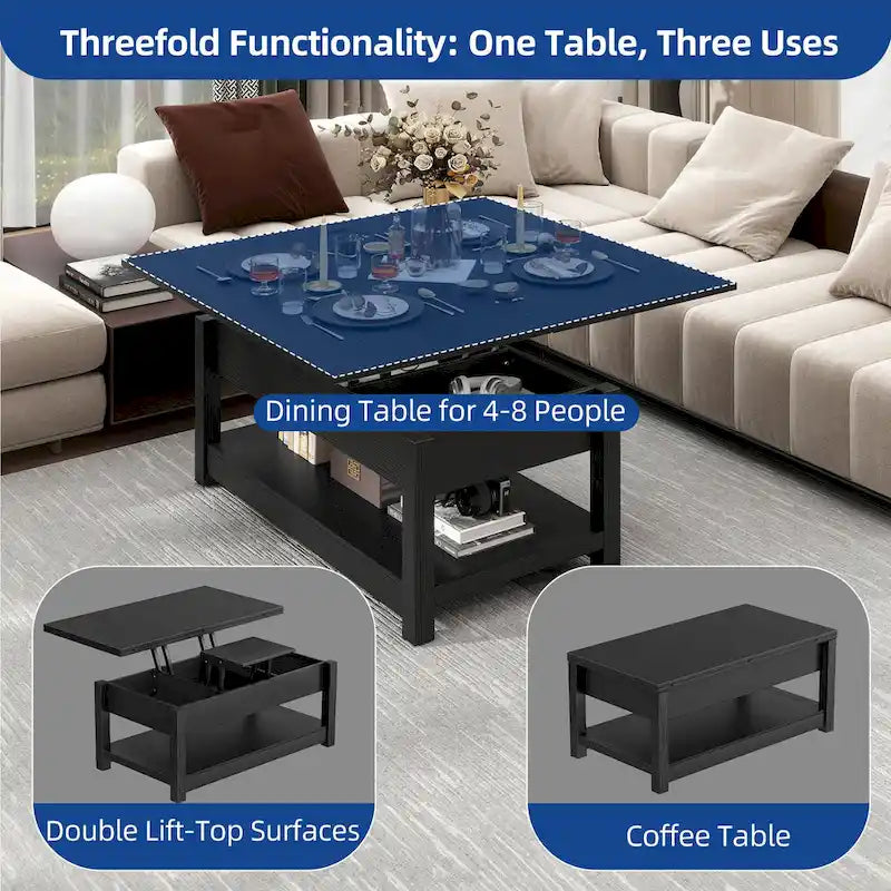 Table basse relevable Moasis avec plateau extensible, rangement dissimulé et étagères