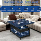 Table basse relevable Moasis avec plateau extensible, rangement dissimulé et étagères
