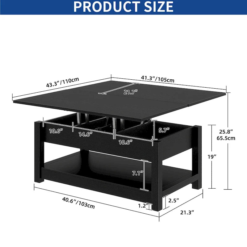 Table basse relevable Moasis avec plateau extensible, rangement dissimulé et étagères