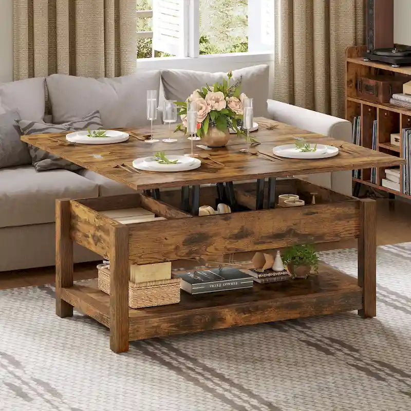Table basse relevable Moasis avec plateau extensible, rangement dissimulé et étagères