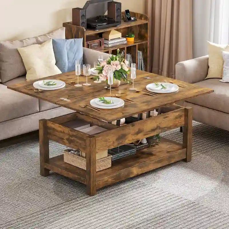 Table basse relevable Moasis avec plateau extensible, rangement dissimulé et étagères
