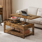 Table basse relevable Moasis avec plateau extensible, rangement dissimulé et étagères