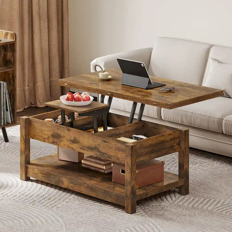 Table basse relevable Moasis avec plateau extensible, rangement dissimulé et étagères