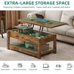 Table basse relevable Moasis avec plateau extensible, rangement dissimulé et étagères