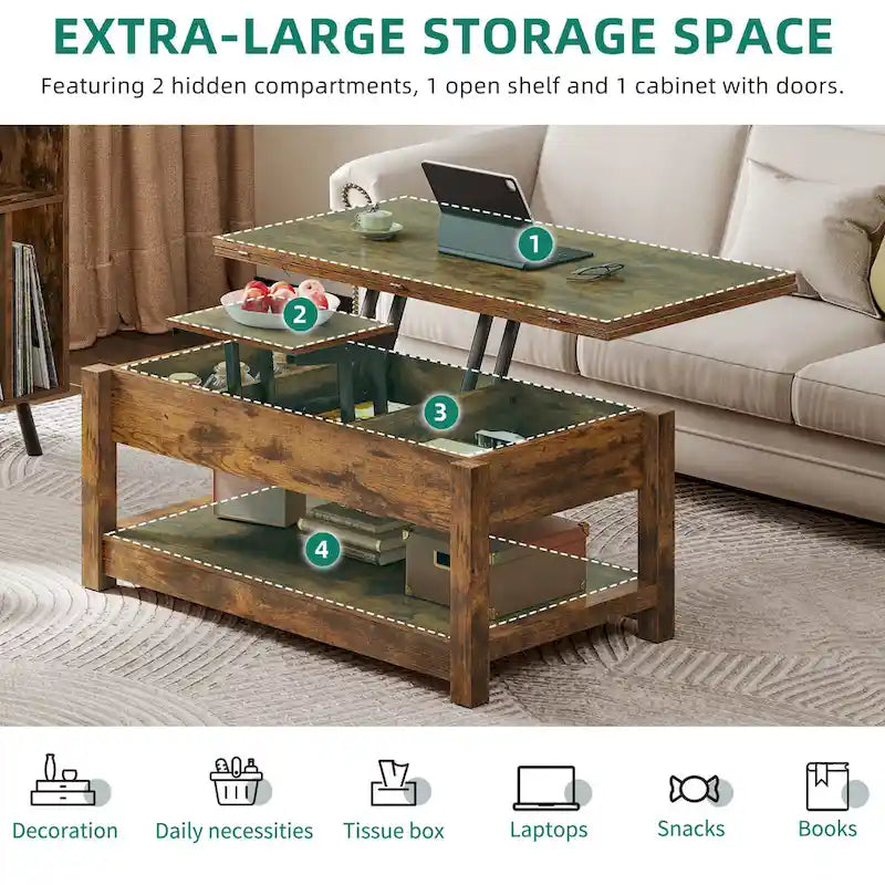 Table basse relevable Moasis avec plateau extensible, rangement dissimulé et étagères