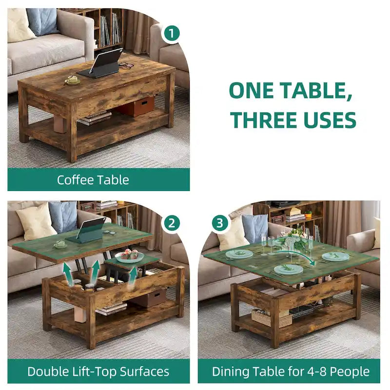 Table basse relevable Moasis avec plateau extensible, rangement dissimulé et étagères