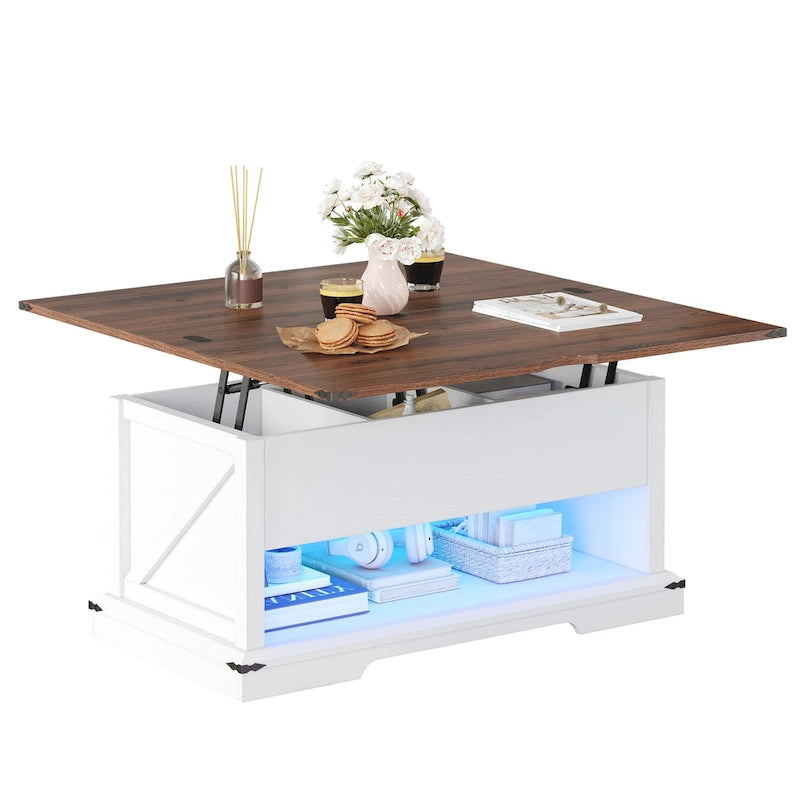 Table basse relevable Moasis avec plateau extensible, rangement dissimulé et étagères