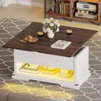 Table basse relevable Moasis avec plateau extensible, rangement dissimulé et étagères