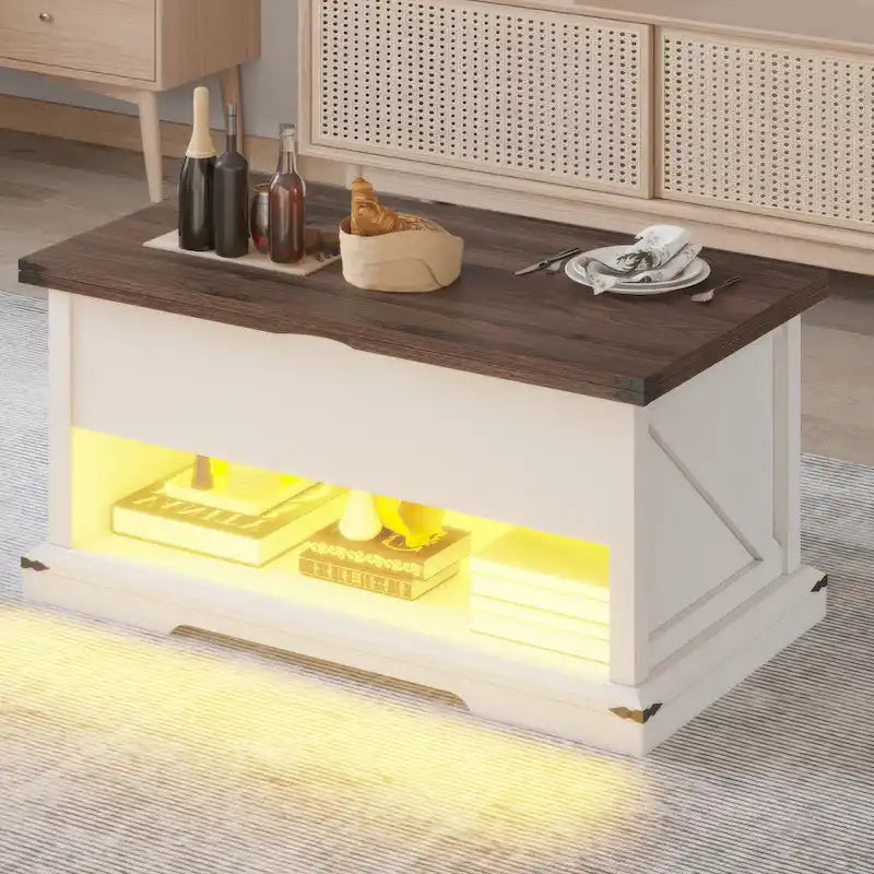 Table basse relevable Moasis avec plateau extensible, rangement dissimulé et étagères