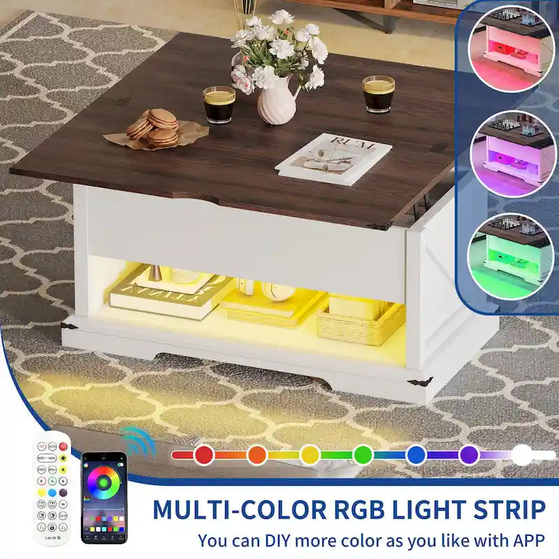 Table basse relevable Moasis avec plateau extensible, rangement dissimulé et étagères