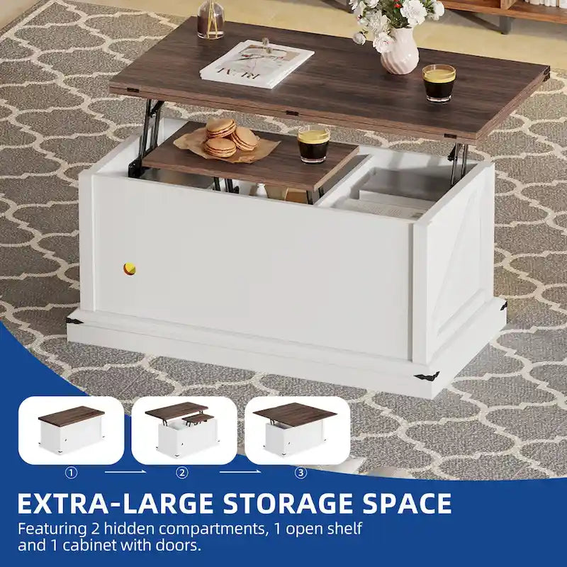 Table basse relevable Moasis avec plateau extensible, rangement dissimulé et étagères