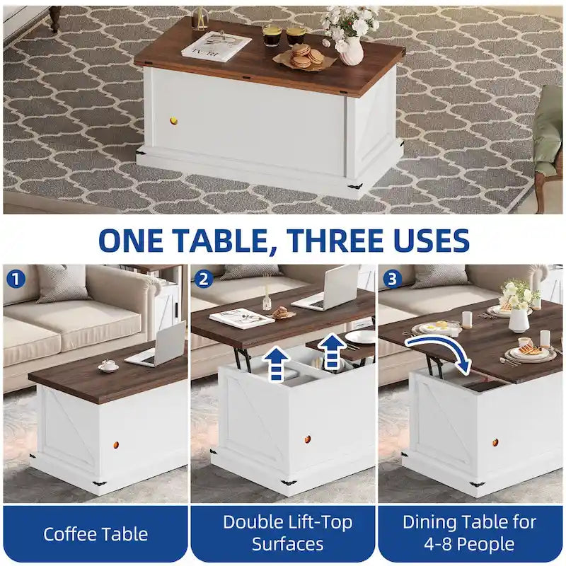Table basse relevable Moasis avec plateau extensible, rangement dissimulé et étagères