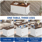 Table basse relevable Moasis avec plateau extensible, rangement dissimulé et étagères