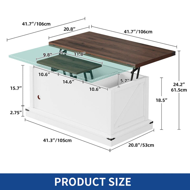 Table basse relevable Moasis avec plateau extensible, rangement dissimulé et étagères