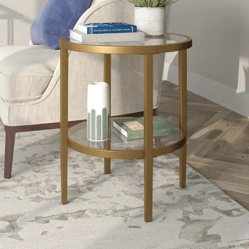 Table d'appoint ronde large Hera 19.63 avec étagère en verre transparent