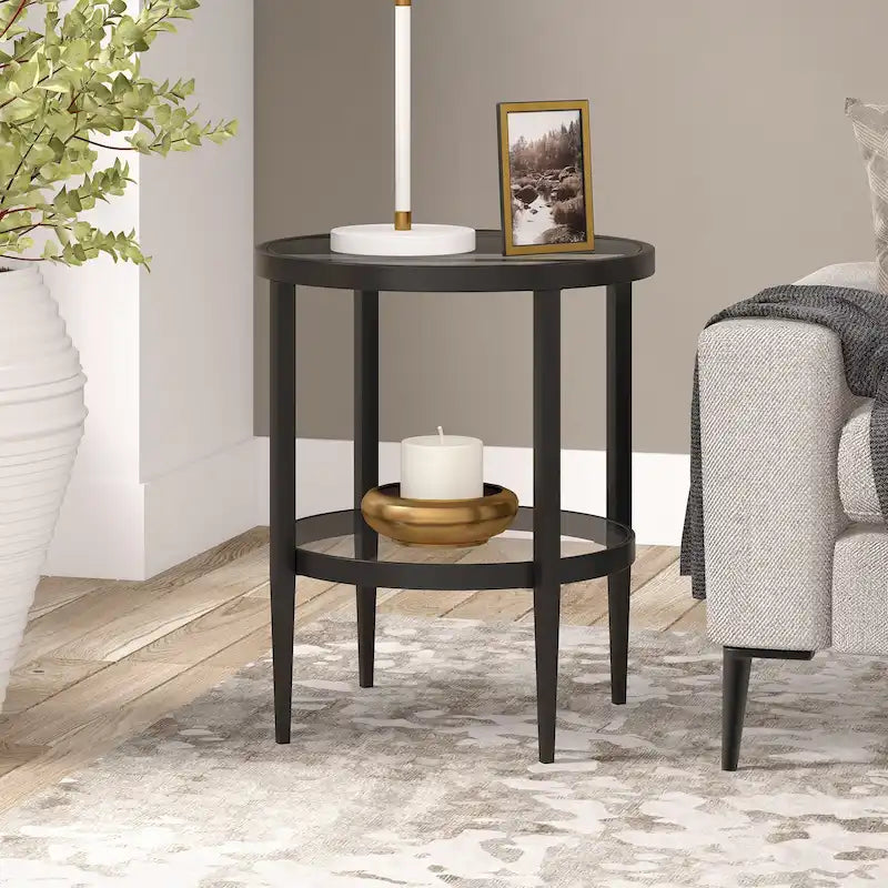 Table d'appoint ronde large Hera 19.63 avec étagère en verre transparent