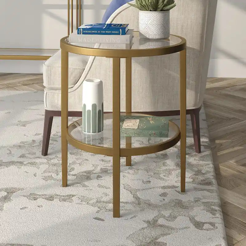 Table d'appoint ronde large Hera 19.63 avec étagère en verre transparent