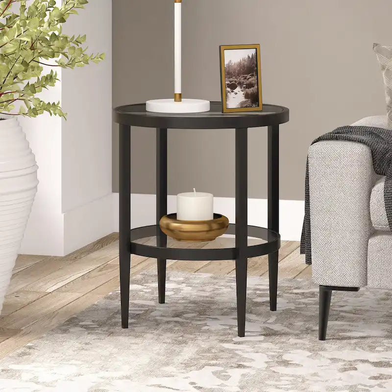 Table d'appoint ronde large Hera 19.63 avec étagère en verre transparent