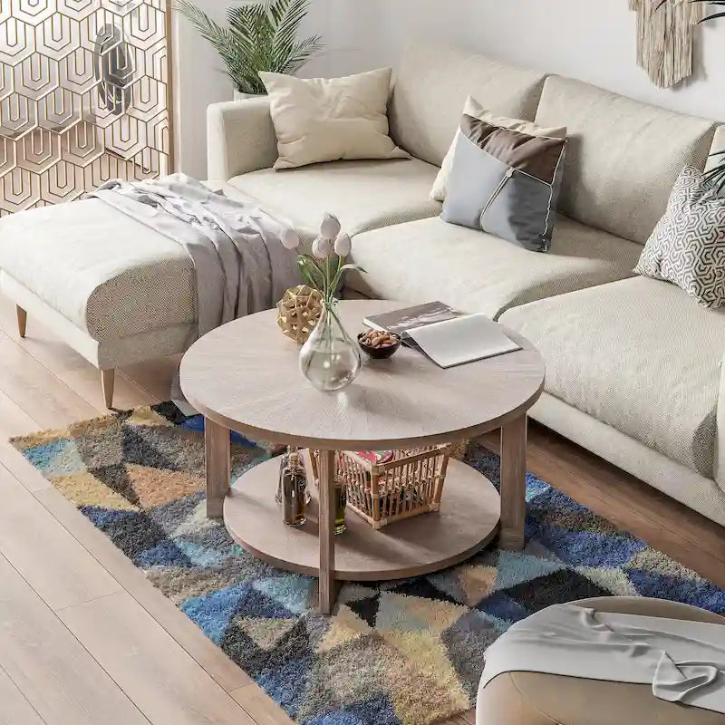 Table basse de ferme COZAYH avec étagère de rangement, Table d'appoint ronde rustique avec magnifique motif radial, Table d'appoint