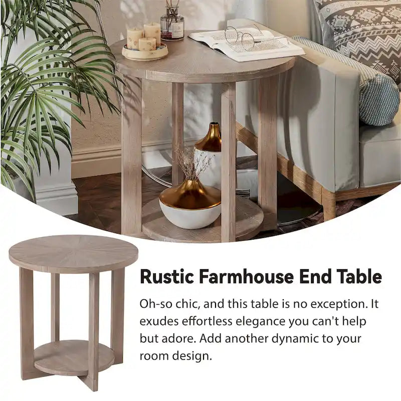 Table basse de ferme COZAYH avec étagère de rangement, Table d'appoint ronde rustique avec magnifique motif radial, Table d'appoint