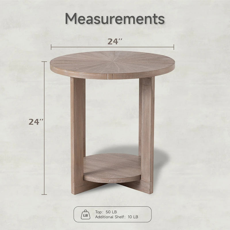 Table basse de ferme COZAYH avec étagère de rangement, Table d'appoint ronde rustique avec magnifique motif radial, Table d'appoint