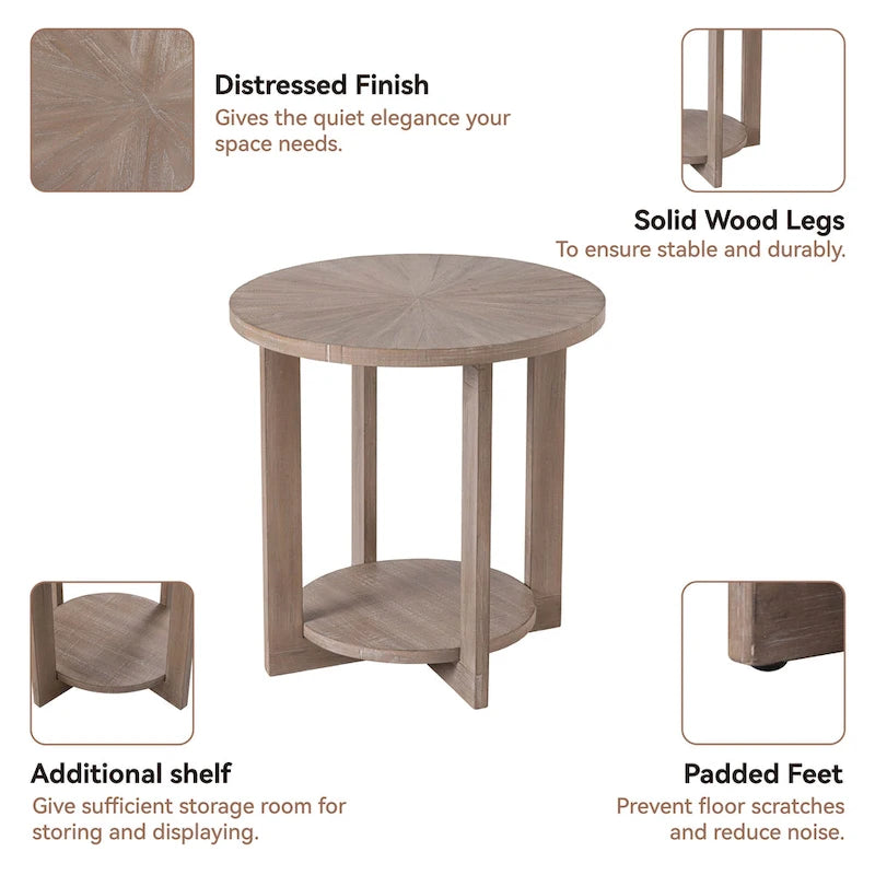 Table basse de ferme COZAYH avec étagère de rangement, Table d'appoint ronde rustique avec magnifique motif radial, Table d'appoint