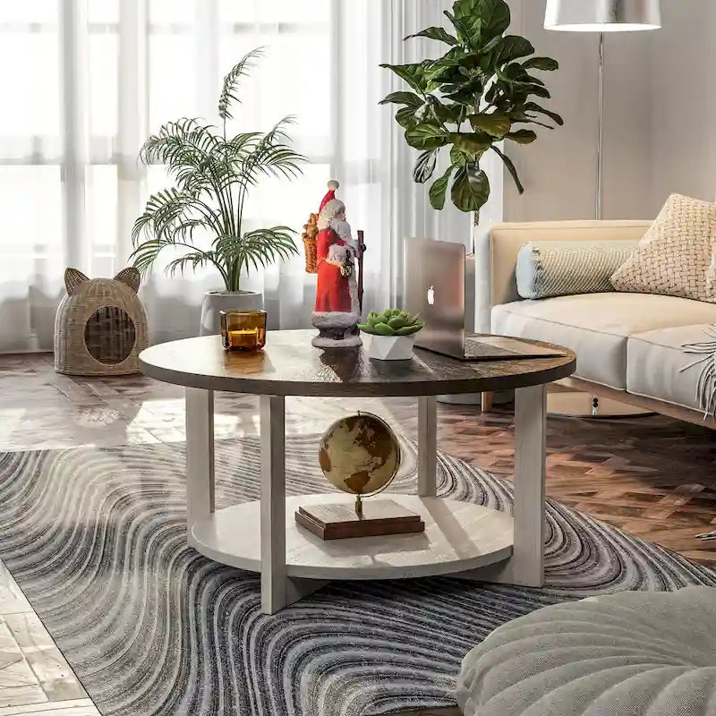 Table basse de ferme COZAYH avec étagère de rangement, Table d'appoint ronde rustique avec magnifique motif radial, Table d'appoint