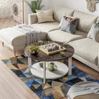 Table basse de ferme COZAYH avec étagère de rangement, Table d'appoint ronde rustique avec magnifique motif radial, Table d'appoint