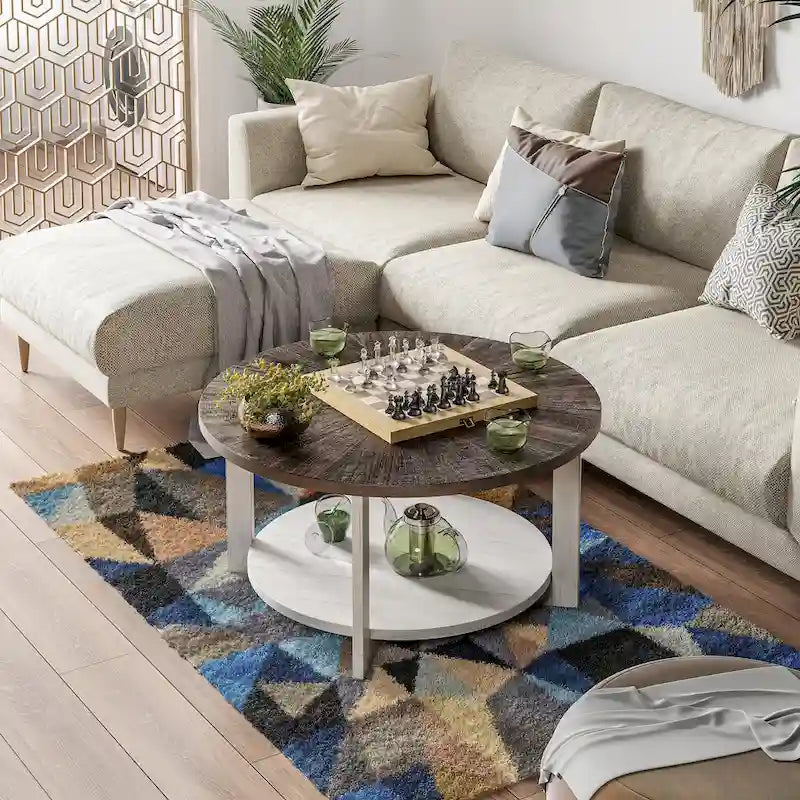 Table basse de ferme COZAYH avec étagère de rangement, Table d'appoint ronde rustique avec magnifique motif radial, Table d'appoint