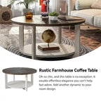 Table basse de ferme COZAYH avec étagère de rangement, Table d'appoint ronde rustique avec magnifique motif radial, Table d'appoint