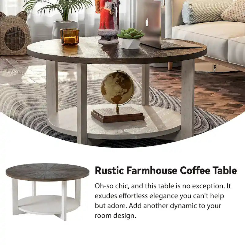 Table basse de ferme COZAYH avec étagère de rangement, Table d'appoint ronde rustique avec magnifique motif radial, Table d'appoint