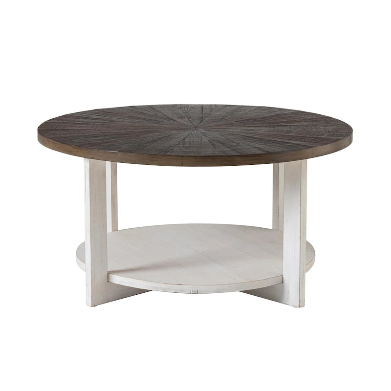 Table basse de ferme COZAYH avec étagère de rangement, Table d'appoint ronde rustique avec magnifique motif radial, Table d'appoint