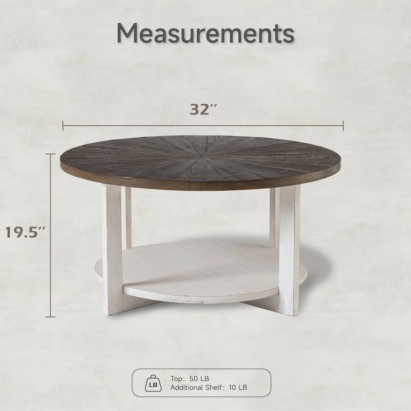Table basse de ferme COZAYH avec étagère de rangement, Table d'appoint ronde rustique avec magnifique motif radial, Table d'appoint