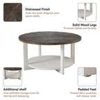 Table basse de ferme COZAYH avec étagère de rangement, Table d'appoint ronde rustique avec magnifique motif radial, Table d'appoint