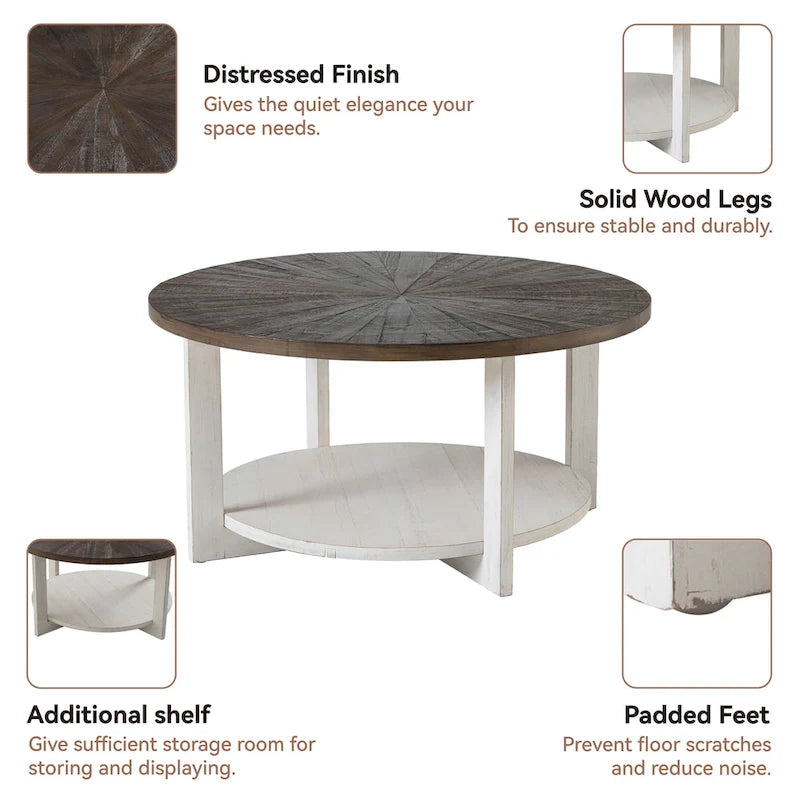 Table basse de ferme COZAYH avec étagère de rangement, Table d'appoint ronde rustique avec magnifique motif radial, Table d'appoint