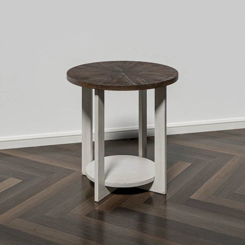 Table basse de ferme COZAYH avec étagère de rangement, Table d'appoint ronde rustique avec magnifique motif radial, Table d'appoint