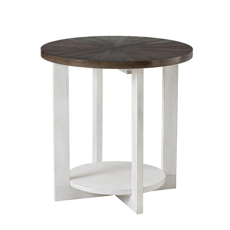 Table basse de ferme COZAYH avec étagère de rangement, Table d'appoint ronde rustique avec magnifique motif radial, Table d'appoint
