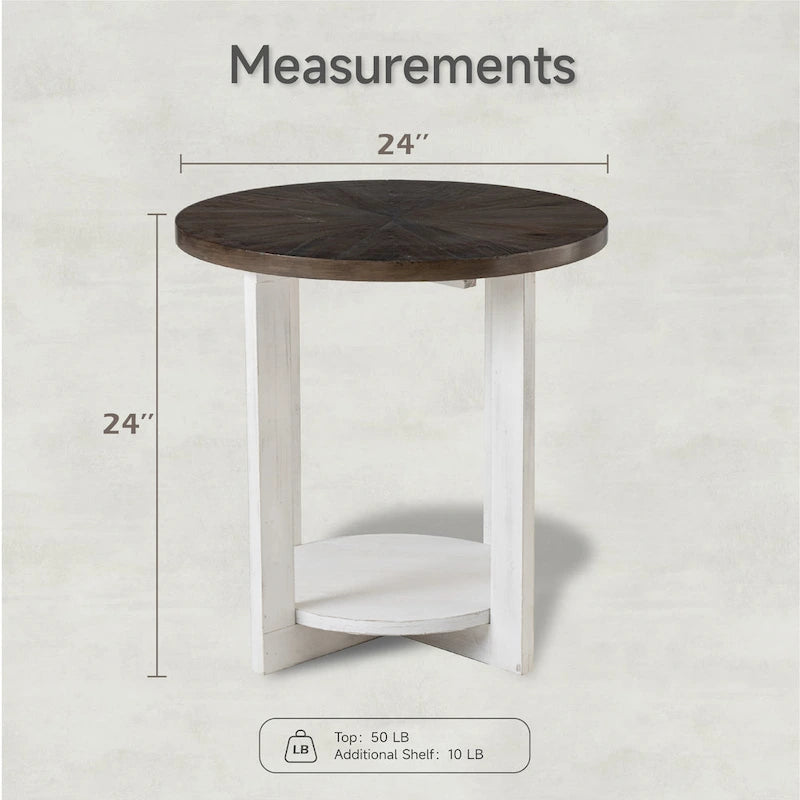 Table basse de ferme COZAYH avec étagère de rangement, Table d'appoint ronde rustique avec magnifique motif radial, Table d'appoint