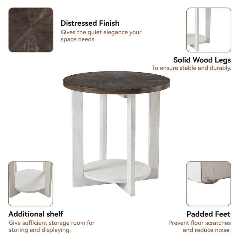 Table basse de ferme COZAYH avec étagère de rangement, Table d'appoint ronde rustique avec magnifique motif radial, Table d'appoint