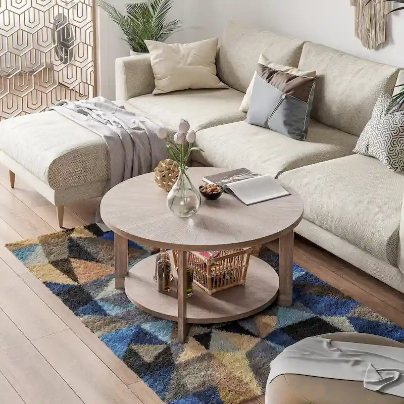 Table basse de ferme COZAYH avec étagère de rangement, Table d'appoint ronde rustique avec magnifique motif radial, Table d'appoint