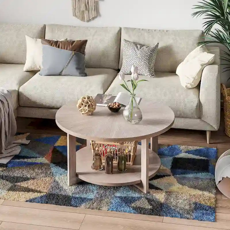 Table basse de ferme COZAYH avec étagère de rangement, Table d'appoint ronde rustique avec magnifique motif radial, Table d'appoint