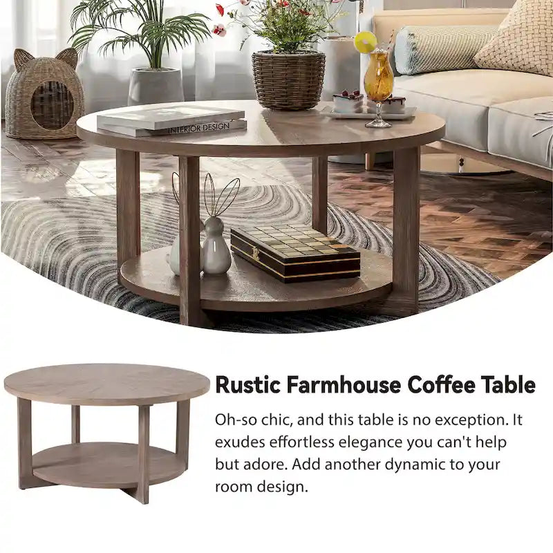 Table basse de ferme COZAYH avec étagère de rangement, Table d'appoint ronde rustique avec magnifique motif radial, Table d'appoint