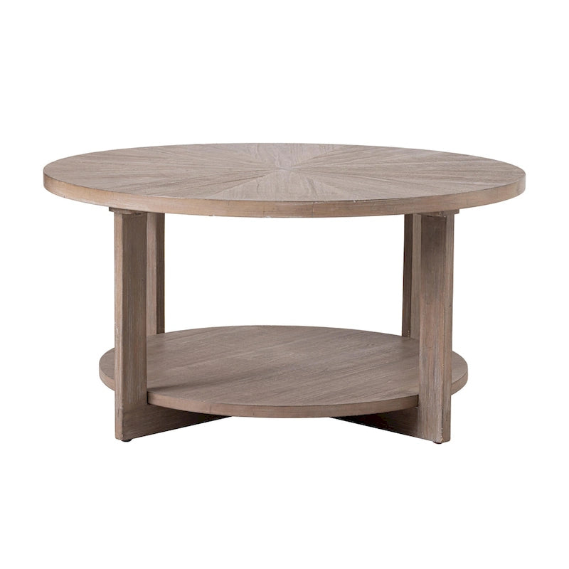 Table basse de ferme COZAYH avec étagère de rangement, Table d'appoint ronde rustique avec magnifique motif radial, Table d'appoint