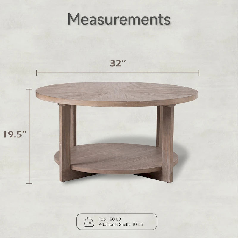 Table basse de ferme COZAYH avec étagère de rangement, Table d'appoint ronde rustique avec magnifique motif radial, Table d'appoint