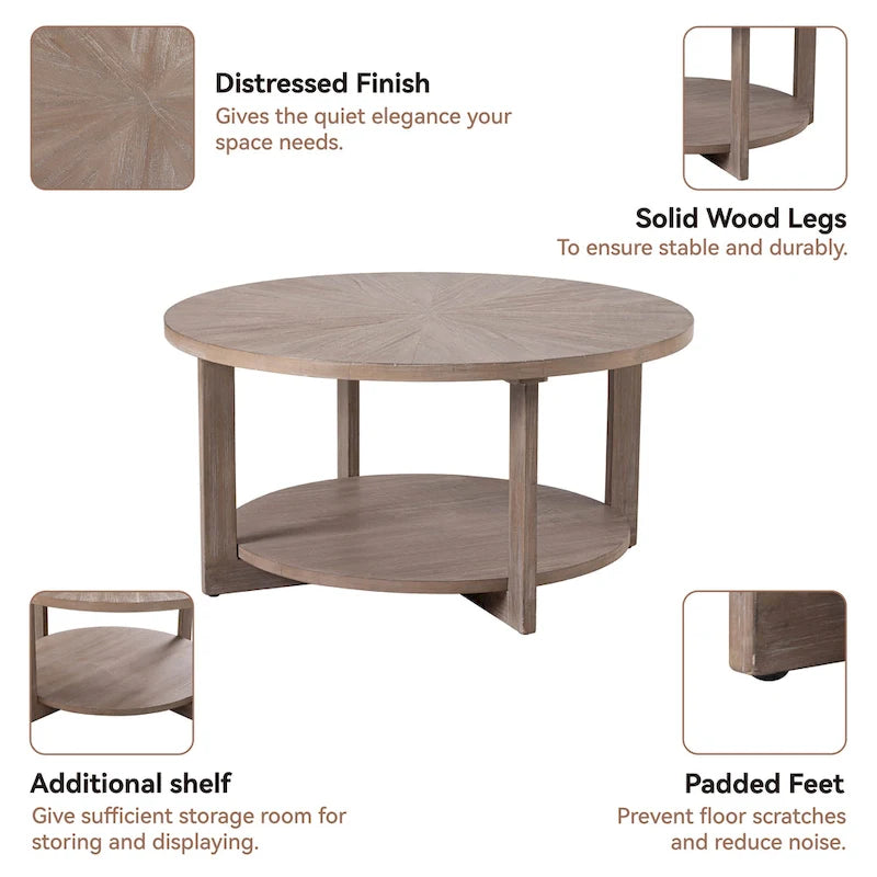 Table basse de ferme COZAYH avec étagère de rangement, Table d'appoint ronde rustique avec magnifique motif radial, Table d'appoint