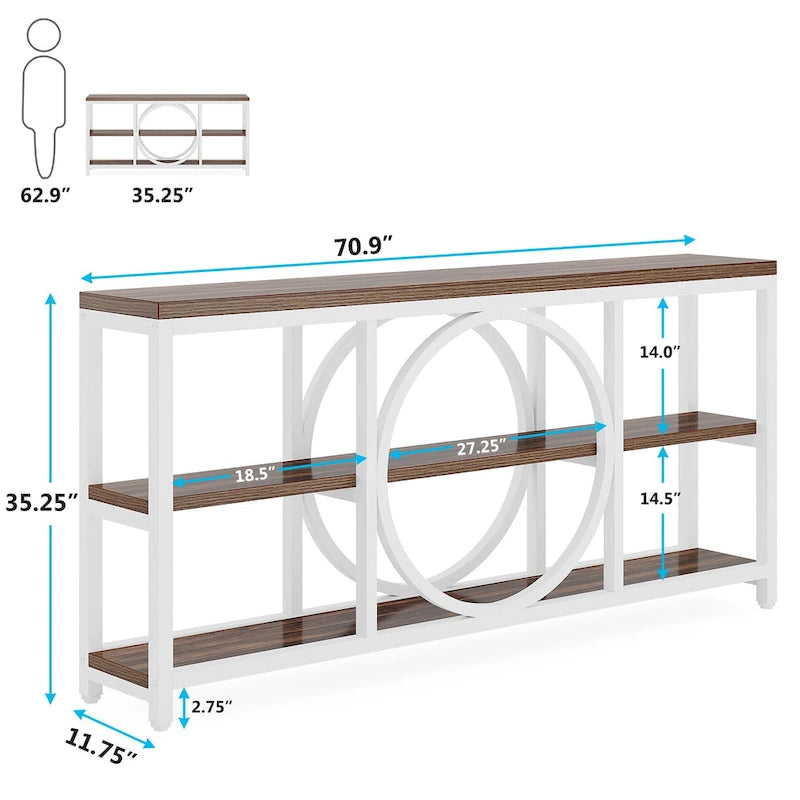 Console extra longue de 180 cm avec 3 étagères de rangement en bois